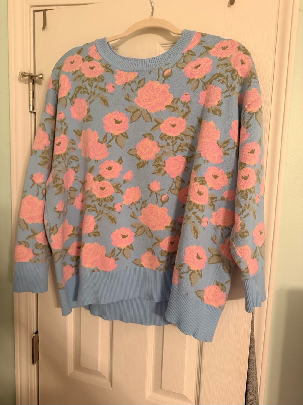 Floral Crewneck Pullover - Pink Floral on Light Blue